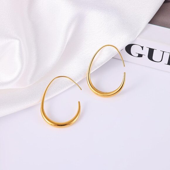 ✨Women Gold Teardrop Hoop Earrings Gold Plated Oval Pull Drop Hoop Earrings - Picture 5 of 6